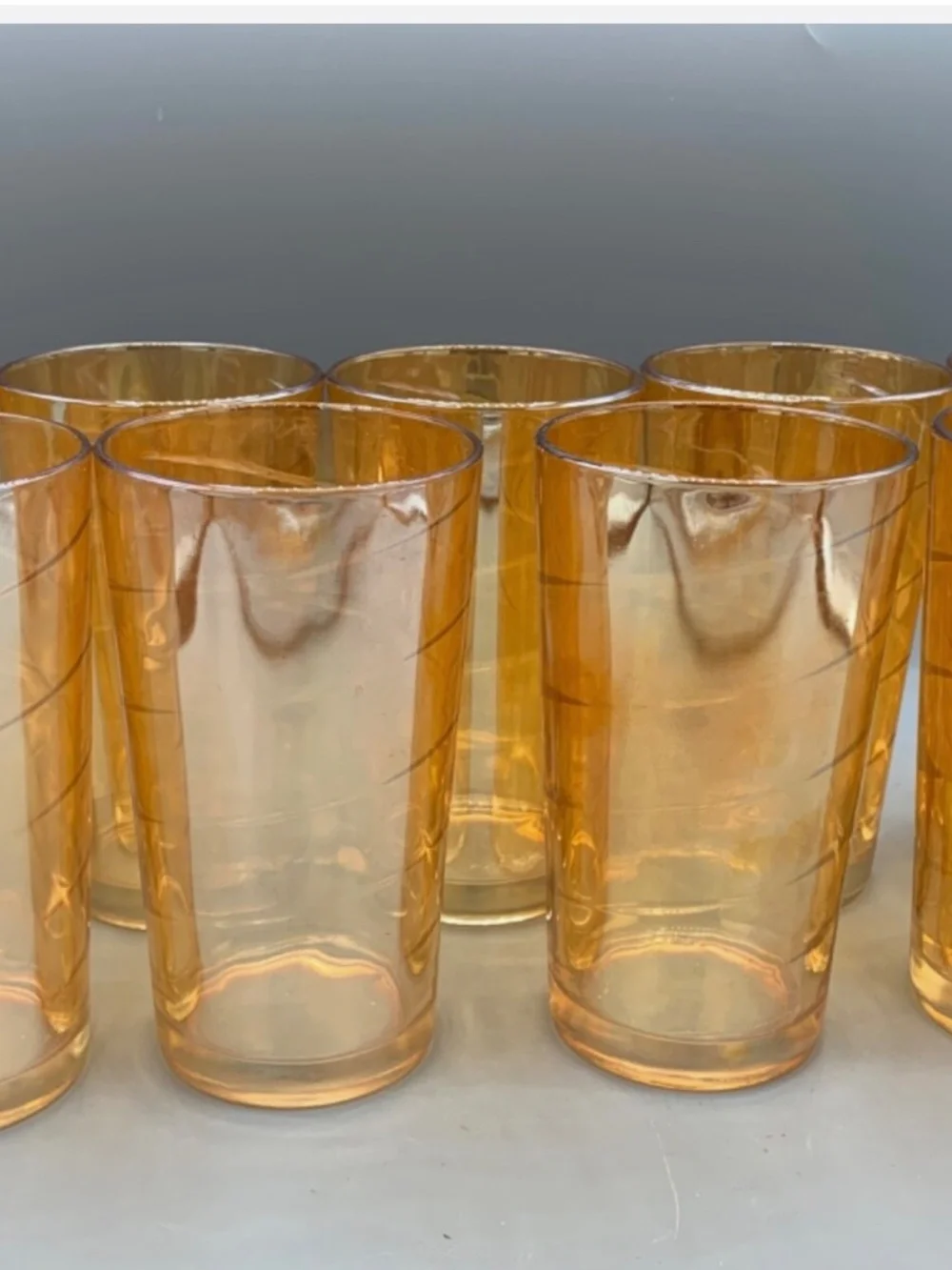 SET 9 VINTAGE MID-CENTURY CARNIVAL OPTIC SWIRL AMBER MARIGOLD WATER TUMBLER